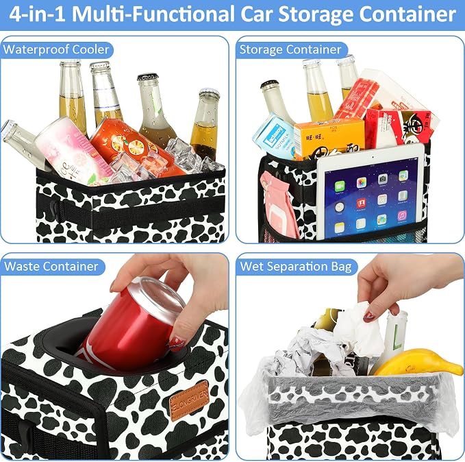 ELONGRIVER Car Trash Can Bin for Back Seat Leak Proof, Cute Car Trash Bag Hanging, Vehicle Trash Can for SUV Truck Van, Automotive Garbage Cans Front Seat Cow Print