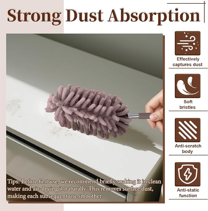 2 PCS Car Interior Duster with Extension Pole, Microfiber Car Dusters with Bendable Head, Cars Duster Exterior&Interior Scratch Free, for Cleaning of Vehicle Details, Offices, Window, Furniture(Brown)