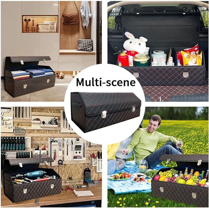 Car Trunk Organizer with Lid,Foldable Faux Leather Cargo Storage Box,3 Compartments,Collapsible Multi-Functional for SUV,Sedan,Vehicle Trunk