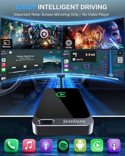 Jemluse Wireless CarPlay Adapter for Apple iPhone - 4-in-1 USB-A Dongle to Convert Wired to Wireless Car Play Adapter - Android Auto, AirPlay, Miracast(Jet Gray)