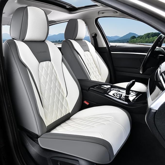 Coverado Automotive Seat Covers, Waterproof Seat Covers for Cars, Car Seat Cover, Faux Leather Car Seat Covers 2 Pack Car Seat Cushion Protector Universal Fit for Most Cars SUV Trucks - Gray&White