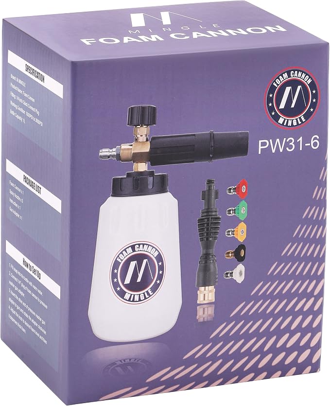 M MINGLE Foam Cannon, Compatible with Portland Husky and Ryobi Pressure Washer, with 5 Nozzle Tips, 1/4 Inch Quick Connector