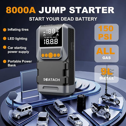Jump Starter with Air Compressor 8000A 150PSI Car Battery Jump Starter (10.0 Gas/8.0L Diesel), Battery Jumper Starter Portable 12V Jump Box with Jumper Cables, LED Light, LED Display