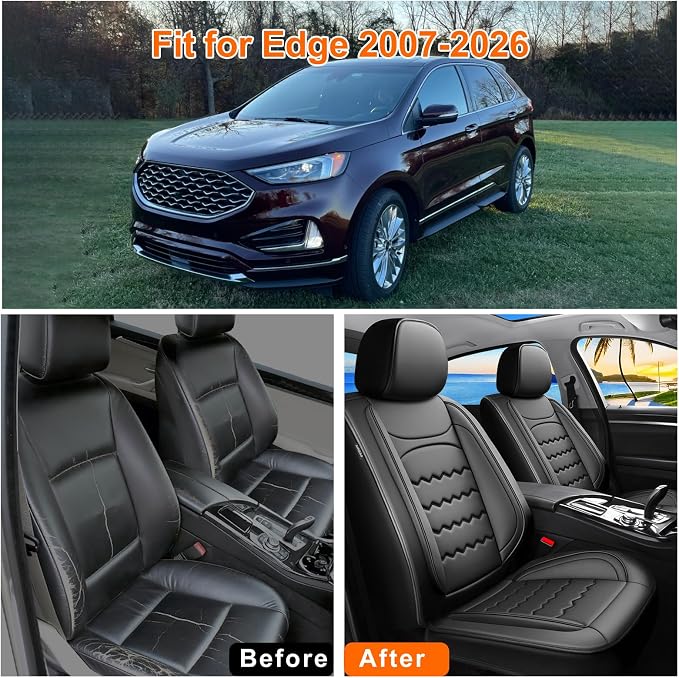 Edge Car Seat Covers Custom Fit for Ford Edge 2007-2025 2026, Premium Full Coverage Leather Automotive Seat Protectors, All Seasons Waterproof Breathable, Airbag Compatible (Full Set, Black)