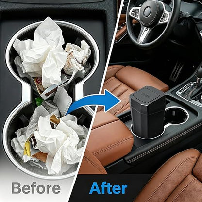 Car Trash Can, 2 Packs Mini Car Garbage Can with Lid, Leakproof Small Cup Holder Trash Can for Car with 60 Trash Bags, Vehicle SUV Truck Organizers and Storage for Home, Office, Black