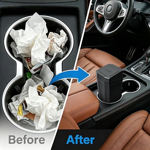Car Trash Can, Mini Car Garbage Can with Lid, Leakproof Small Cup Holder Trash Can for Car with 60 Trash Bags, Vehicle SUV Truck Organizers and Storage for Home, Office, Black