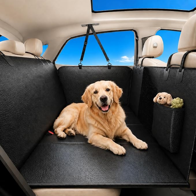 Dog Car Seat Cover for Back Seat, PU Leather Hard Bottom Back Seat Extender, Holds 400lbs, Waterproof Anti-Scratch Dog Hammock, Pet Seat Protector for Car, SUV & Small Truck
