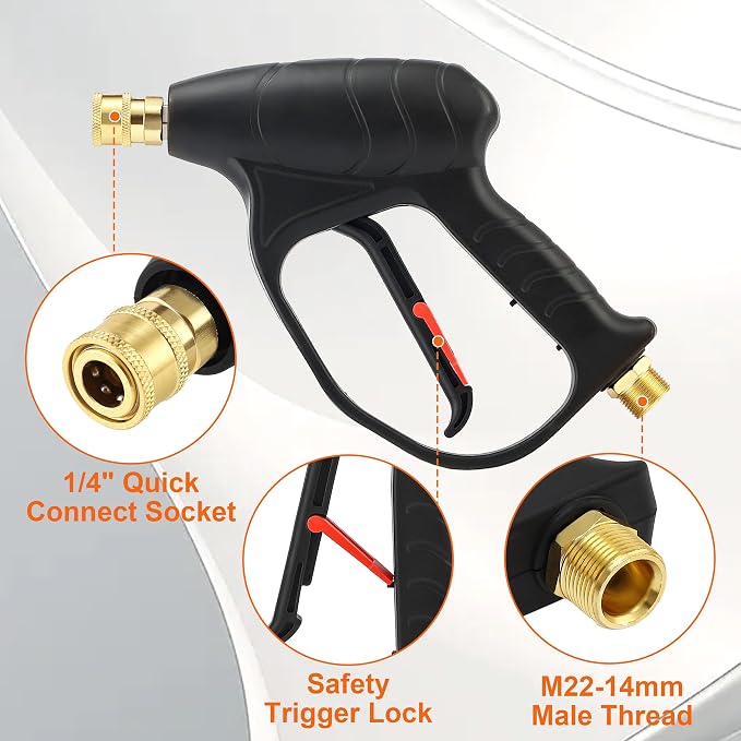 JOEJET Short Pressure Washer Gun with Foam Cannon Dual Connector Accessory, Car Wash Foam Gun with 1/4 Inch Quick Connector, 5 Pressure Washer Nozzle Tips, 1 Liter