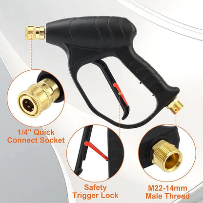 JOEJET Short Pressure Washer Gun with Foam Cannon Dual Connector Accessory, Car Wash Foam Gun with 1/4 Inch Quick Connector, 5 Pressure Washer Nozzle Tips, 1 Liter