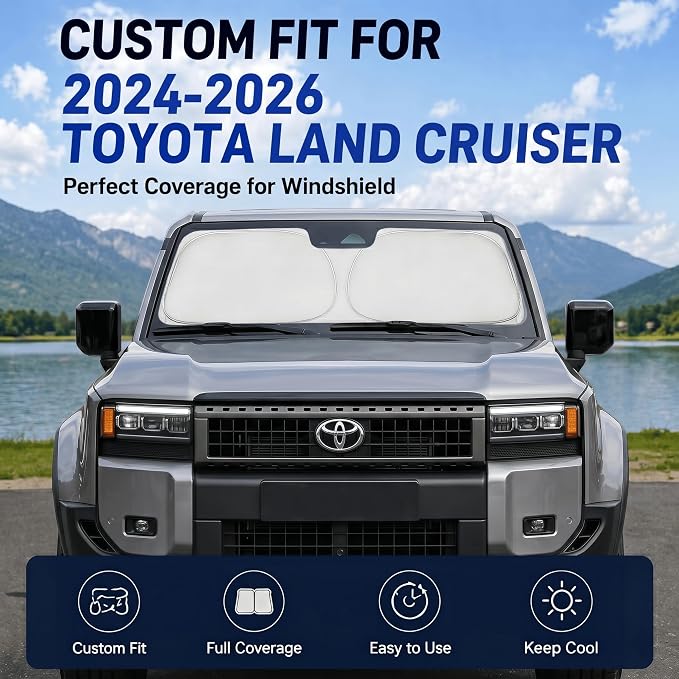 Custom Fit Windshield Sun Shade for Toyota Land Cruiser 2024-2026 | Custom Fit Windshield Cover, Blocks UV Rays, Double-Layer Heat Shield, Durable Frame, Easy Fold & Storage