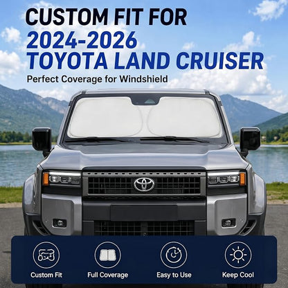 Custom Fit Windshield Sun Shade for Toyota Land Cruiser 2024-2026 | Custom Fit Windshield Cover, Blocks UV Rays, Double-Layer Heat Shield, Durable Frame, Easy Fold & Storage