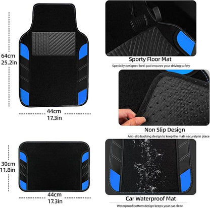 NBTEPEM 10 Pcs Car Floor Mats Full Set & Sport Leather Steering Wheel Cover 14.5-15 inch, Center Console Cover, Seat Belt Cushion, Cup Holder Coaster, Universal Automobile Interior Sets (Blue)