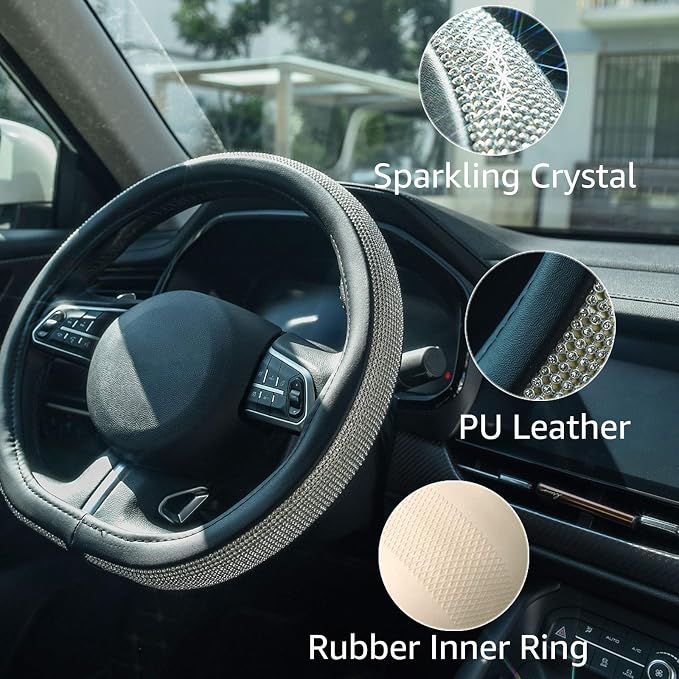 ChuLian D Sharp Diamond Leather Steering Wheel Cover with Bling Bling Crystal Rhinestones, Universal Fit 15 Inch Car Wheel Protector for Women Girls,Black