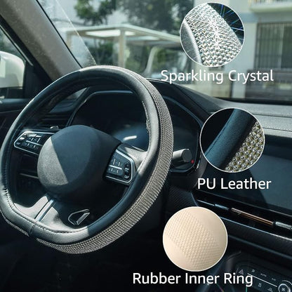 ChuLian D Sharp Diamond Leather Steering Wheel Cover with Bling Bling Crystal Rhinestones, Universal Fit 15 Inch Car Wheel Protector for Women Girls,Black