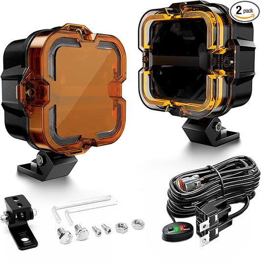 SPL 4" Off Road Lights with Amber Covers, 90W 12000LM LED Pod Lights with Amber DRL & Hi/Lo Beam, Auxiliary Driving Light Led Cube with DT Wiring Harness for Trucks Jeep Pickup SUV ATV UTV, 2PCS