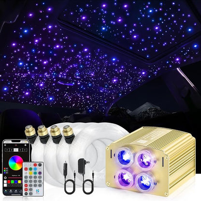 4 Colors 32W Twinkle Car Starlight Headliner Kit 600pcs*0.03in*13.1ft with APP&RF Remote, RGBW Fiber Optic Ceiling Star Lights, 4 Port Engine Sound Activated Star Roof Lights for Car Home Theater