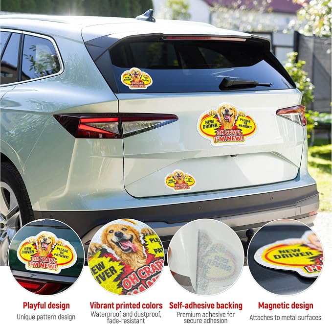 3 Pcs Reflective Student Driver Magnet and Stickers Set - Funny Animal New Driver Safety Signs for Car, Waterproof & Weatherproof High Visibility Vehicle Bumper Decals, Magnet + Stickers (Dog)