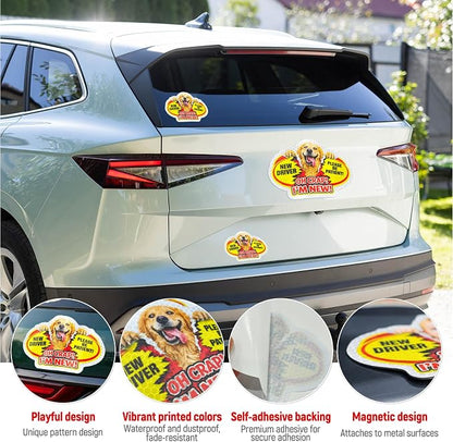 3 Pcs Reflective Student Driver Magnet and Stickers Set - Funny Animal New Driver Safety Signs for Car, Waterproof & Weatherproof High Visibility Vehicle Bumper Decals, Magnet + Stickers (Dog)