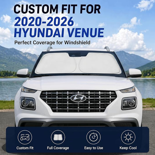 Custom Fit Windshield Sun Shade for Hyundai Venue 2020-2026 | Custom Fit Windshield Cover, Blocks UV Rays, Double-Layer Heat Shield, Durable Frame, Easy Fold & Storage
