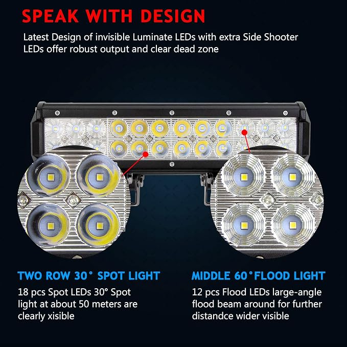 Willpower 2Pcs 12 inch 72W Flood Spot Combo Beams Led Work Light Bar 7200LM for ep Off Road Van Camper Wagon ATV AWD SUV 4WD 4x4 Pickup Van Off-Road Boat Vehicle DC 12V 24V IP67 Waterproof