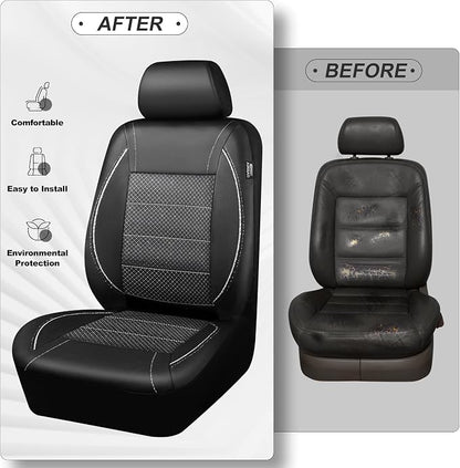 CAR PASS Piping PU Leather Car Seat Cover Full Set, Inside Zipper Design and Reserved Opening Holes, Airbag Compatible,Universal FIT for Car, SUVs,Van,Trucks（Full Set, Black & Silver