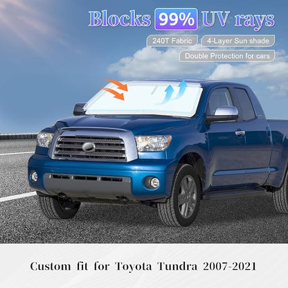 Sun Shade Sunshade for Toyota Tundra Windshield Cover, 4-Layer Front Window Shade Custom fit Tundra 2007-2021 Limited SR5 Platinum TRD Pro Pickup Sun Visor 240T Shade Blocks UV Rays Car Accessories