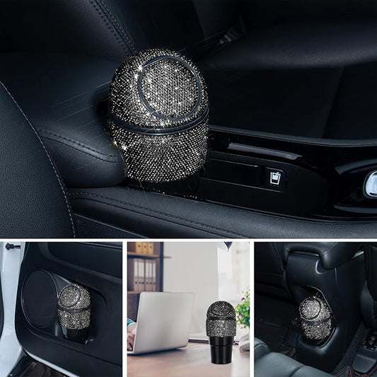 eing Car Trash Can Bling Crystal Auto Mini Trash Bin for Car Office Home Women,Car Cup Holder Garbage Can with Lid and 5 Pack Disposable Garbage Gag, Black