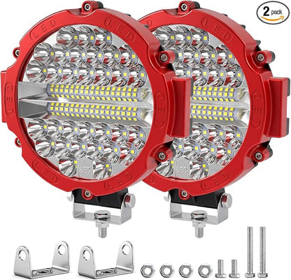 Round LED Off-Road Lights - 7 Inch Driving Light Pods 201W 21000lm LED Tractor Work Light Flood Spot Beam Fog Lights for Pickup SUV ATV UTV Trucks(2 Pack-Red)