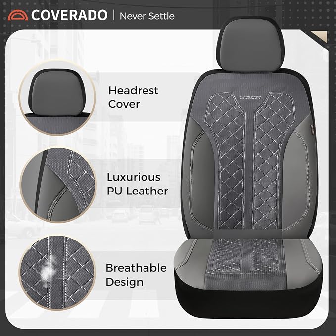 Coverado Car Seat Covers 2-Pack, Luxury Front Seat Covers, Automotive Car Seat Protectors, Gray Driver Seat Covers Universal Fit for SUVs, Trucks, Sedans