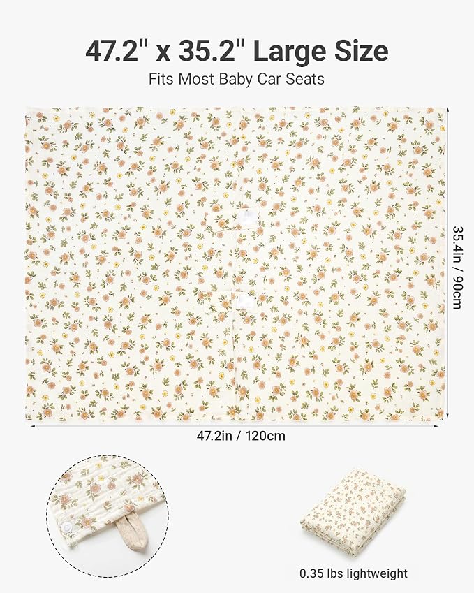Metplus 100% Muslin Car Seat Cover Baby & Nursing Cover, Soft Breathable Infant Carseat Canopy for Summer, Stroller & Carrier Sunshade for Boys Girls (Flowers)