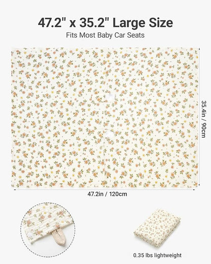 Metplus 100% Muslin Car Seat Cover Baby & Nursing Cover, Soft Breathable Infant Carseat Canopy for Summer, Stroller & Carrier Sunshade for Boys Girls (Flowers)