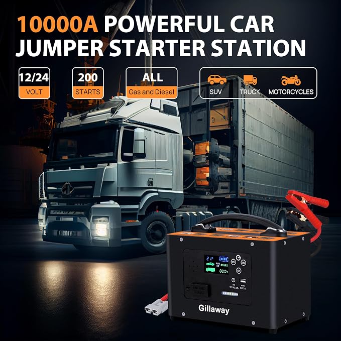 Gillaway 10000A Jump Starter, 24V 155WH Car Jump Starter Battery Pack for All Gas & All Diesel Engine, Portable Truck Jump Starter, Power Station for Camping Essentials, Portable Power Bank (V10-1)