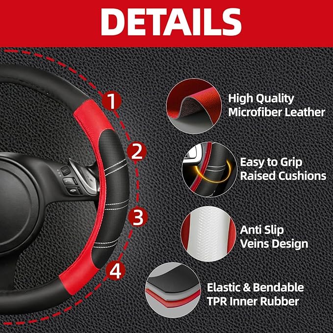 NBTEPEM 6 Pcs Red Car Accessories Set, Sport Leather Steering Wheel Cover 14.5-15inch Universal, Microfiber Leather Car Center Console Cover, Seat Belt Cushion, Cup Holder Coaster (Black-Red)