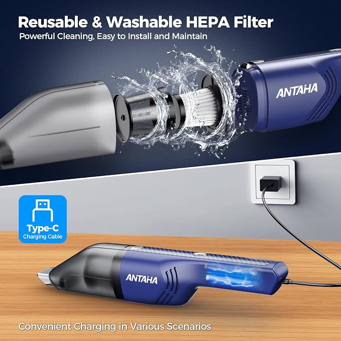Handheld Vacuum Cordless - Car Vacuum Cleaner with 11000Pa Powerful Suction,1.2lbs Lightweight, Type-C Charge, Multiple Accessories, Portable Hand Vacuum for Home, Pet and Car (Blue)