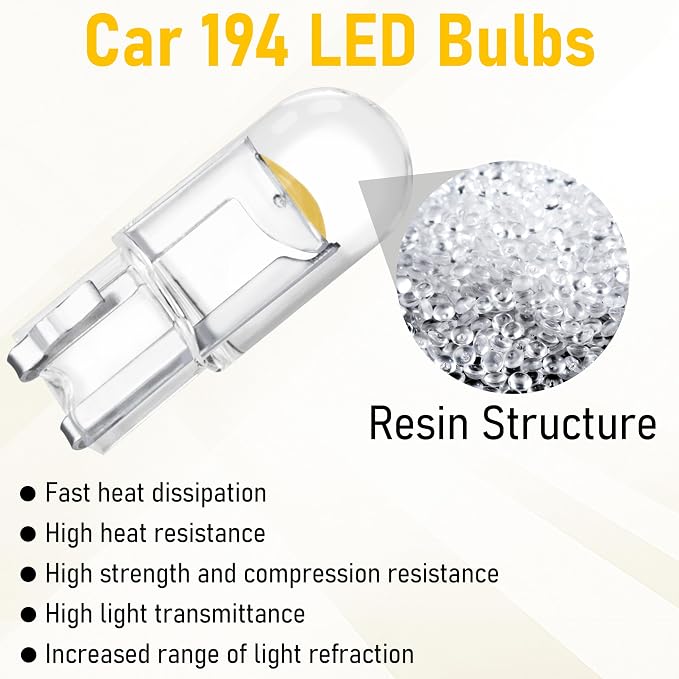 ecocstm 30 PCS Car 194 LED Bulbs, 168 2825 W5W T10 Wedge COB LED Replacement Bulb, Error Free Interior Bulb for Dashboard Light, Dome Lights (Yellow)