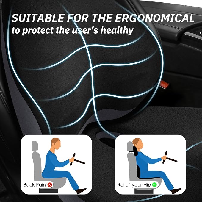 NS YOLO Ergonomic Car Seat Cushion with Comfort Memory Foam Neck Pillow, Car Pillow,Lumbar Support and Big Size Soft Seat Cushion for Driving Seat,Office Chair and Wheel Chair (Black and Grey-3 pcs)