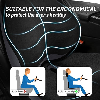 NS YOLO Ergonomic Car Seat Cushion with Comfort Memory Foam Neck Pillow, Car Pillow,Lumbar Support and Big Size Soft Seat Cushion for Driving Seat,Office Chair and Wheel Chair (Black and Grey-3 pcs)