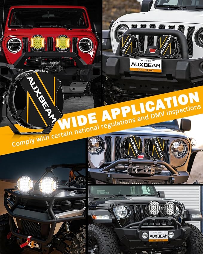 Auxbeam 9 Inch 300W LED Pod Lights, V-Ultra Series Round Spotlights with Amber DRL & 270° Side Shooter, 35600LM Universal Off-Road Driving Lights with DT Harness & Protective Covers, Pair
