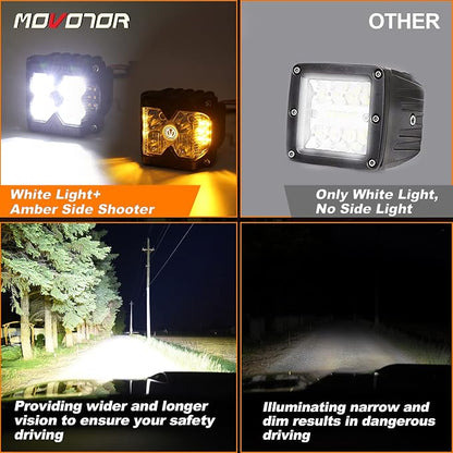 MOVOTOR Side Shooter LED Pods Amber Strobe Driving Lights for Truck,4X4,ATV | IP68 Waterproof,Solid & Strobe Amber,6500K White / 3500K Amber Combo Beam,Alum Housing,Adjustable Bracket,Fit Jeep UTV,2 PCS