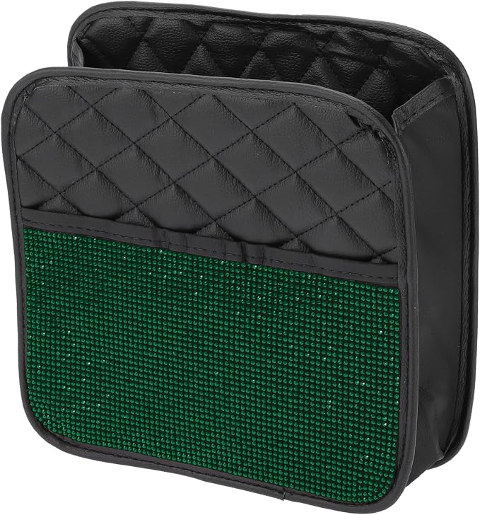 1 Pcs Universal Car Trash Can Hanging 10.2" Length 3.5" Width 10.2" Height Trash Bin Green Black Faux Leather Rhinestone