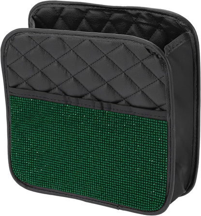 1 Pcs Universal Car Trash Can Hanging 10.2" Length 3.5" Width 10.2" Height Trash Bin Green Black Faux Leather Rhinestone