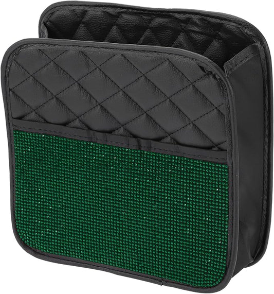 1 Pcs Universal Car Trash Can Hanging 10.2" Length 3.5" Width 10.2" Height Trash Bin Green Black Faux Leather Rhinestone