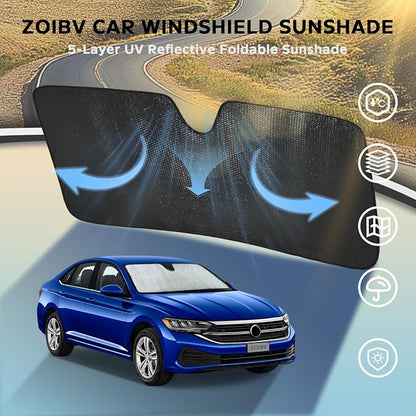 Car Windshield Sun Shade for Volkswagen VW Jetta 2019-2025 2026 Front Window Sunshade Sun Visor Protection Cover Accessories -5-Layer Bubble Foldable Thicken Blocks Heat & UV Rays Keep Car Coole