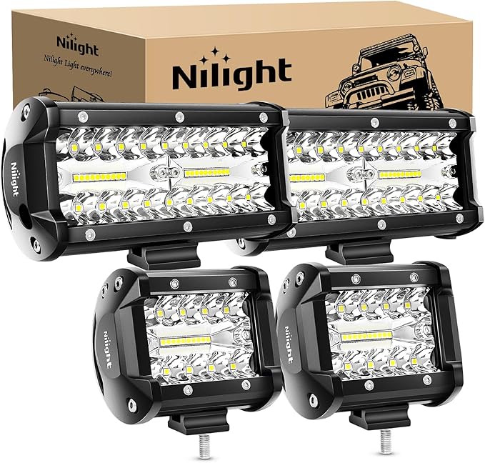 Nilight 2PC 4Inch Triple Row Led Light Pods 60W Flood Spot Combo 6000LM 2Pcs 6.5 Inch 120W Triple Row Light Bar Flood Spot Combo 12000LM Driving Boat Off Road Trucks Lights (ZH042)