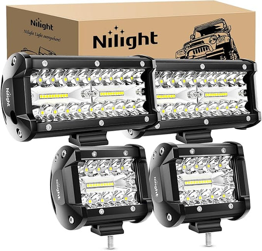 Nilight 2PC 4Inch Triple Row Led Light Pods 60W Flood Spot Combo 6000LM 2Pcs 6.5 Inch 120W Triple Row Light Bar Flood Spot Combo 12000LM Driving Boat Off Road Trucks Lights (ZH042)