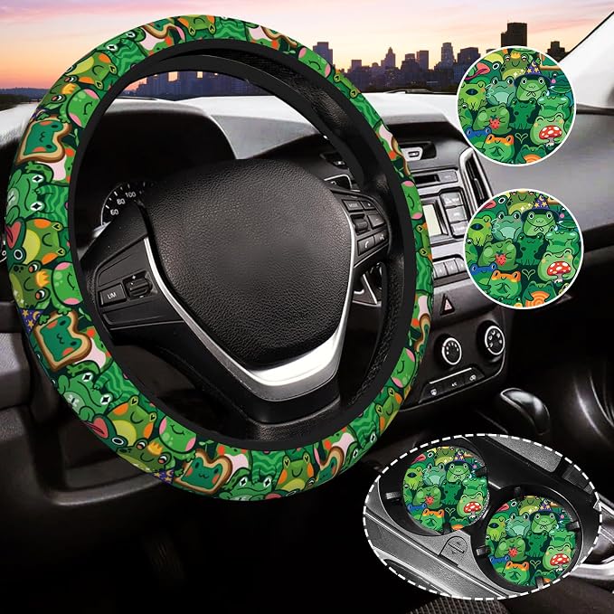 Green Frog Steering Wheel Cover for Women,Universal Auto Steering Wheel 14-15 Inch Car Interior Accessories with 2PCS Car Coasters,Suitable for Men and Women