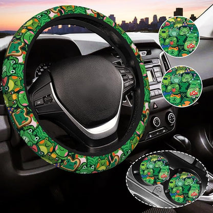 Green Frog Steering Wheel Cover for Women,Universal Auto Steering Wheel 14-15 Inch Car Interior Accessories with 2PCS Car Coasters,Suitable for Men and Women