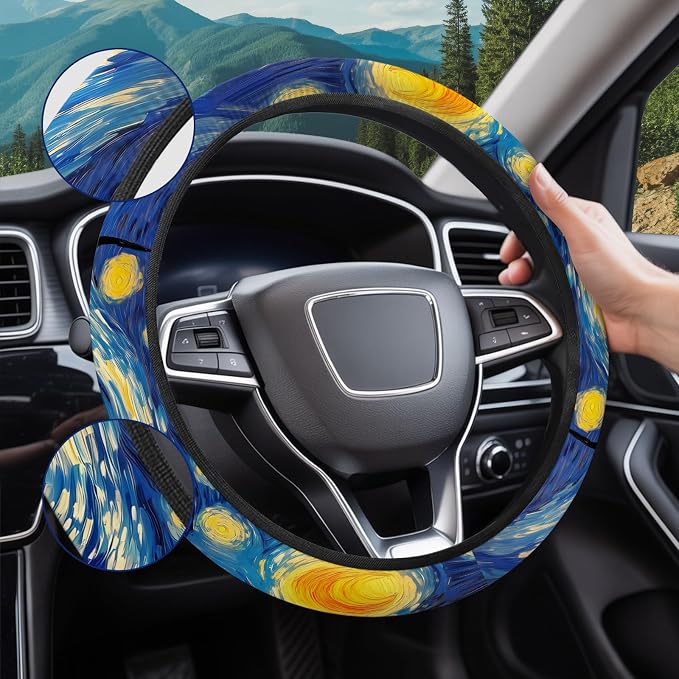 GENANY Starry Night Art Steering Wheel Cover, Non Slip Polyester Car Wheel Protector for Car SUV Truck, Universal 15 Inch