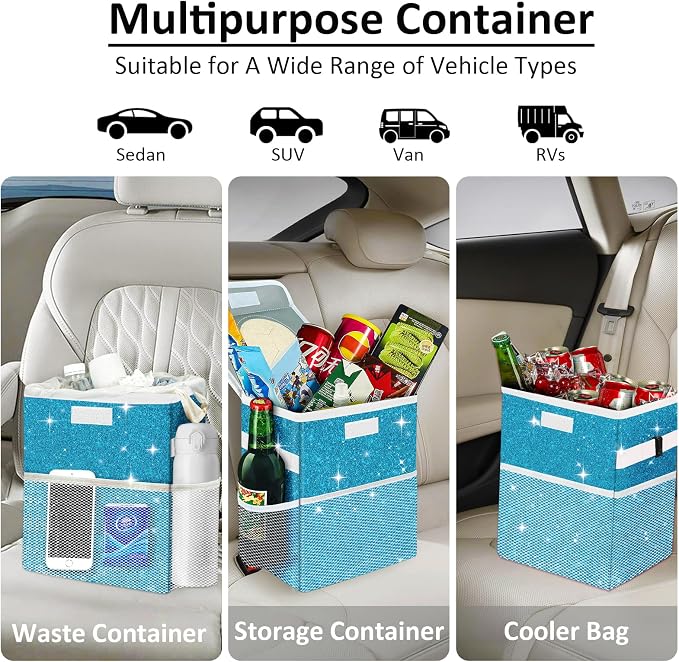 Car Trash Can for Car, Cute Mini Car Trash Bag with Lid, Glitter Car Garbage Can Bin Hanging for Back/Front Seat/Console, Waterproof, Leakproof, 2.5 Gallon, Blue Bling Sparkly
