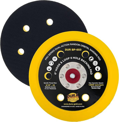 Dura-Gold Pro Series 6" Hook & Loop DA Backing Plate Pad, 6 Hole Pattern Dustless - 14mm Thick Medium Profile Edge, Dual-Action Random Orbital Sanding Pad, Sander Polisher Auto Woodworking Sandpaper
